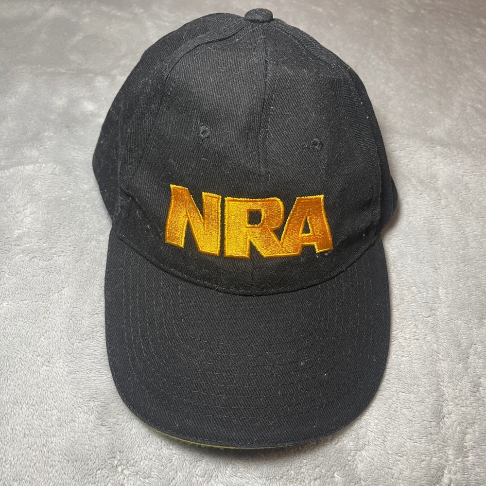 NRA Baseball Cap Hat Black Yellow Gold Embroidered USA Flag Hook and Loop Strap